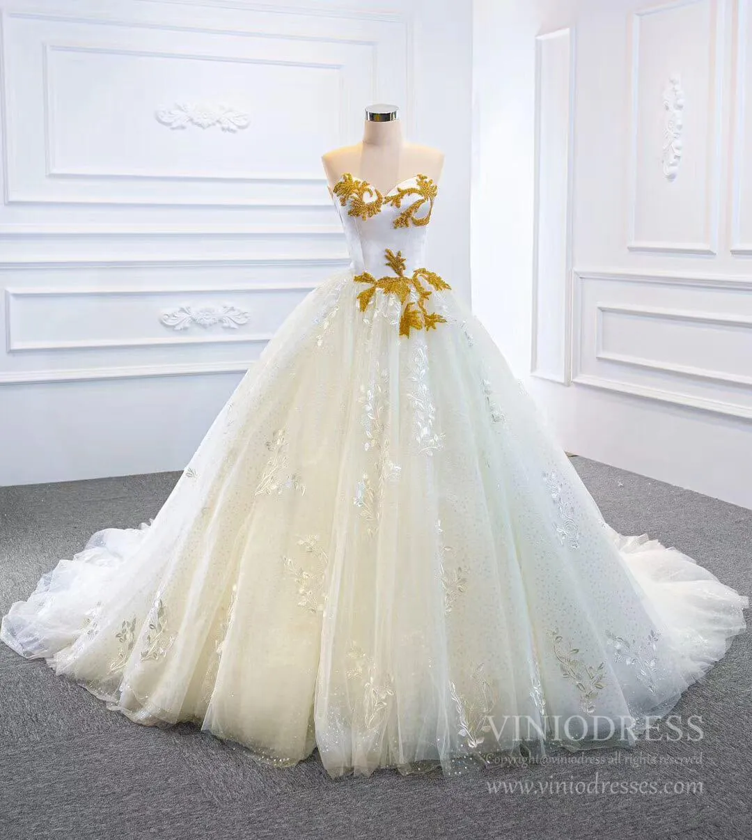 Ball Gown Strapless Wedding Dresses Gold Beaded Classy Wedding Gown VW1424