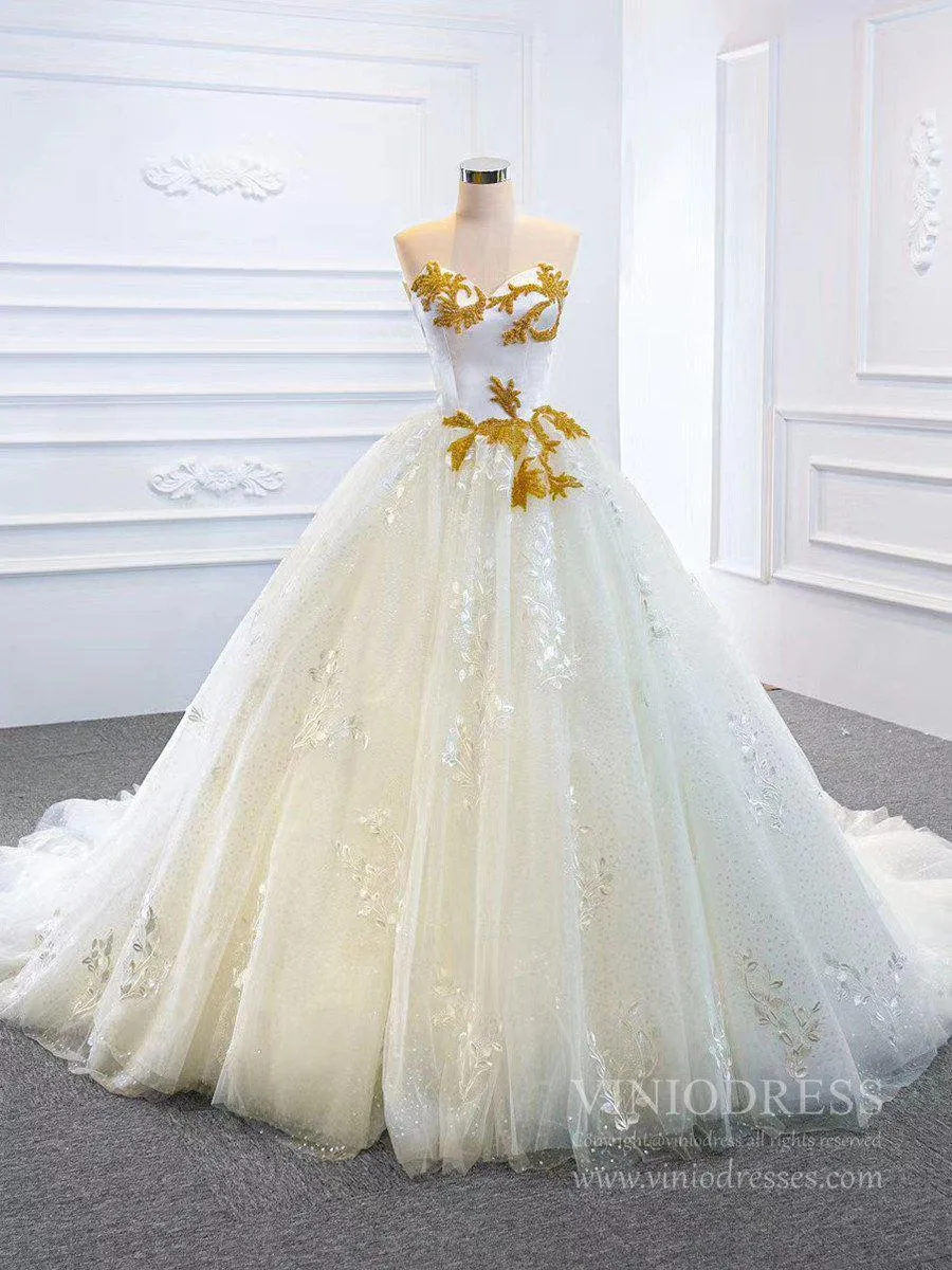 Ball Gown Strapless Wedding Dresses Gold Beaded Classy Wedding Gown VW1424