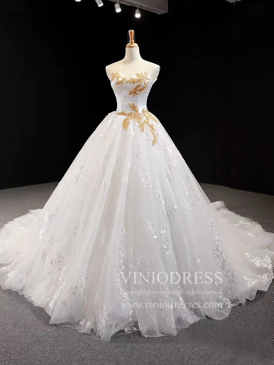 Ball Gown Strapless Wedding Dresses Gold Beaded Classy Wedding Gown VW1424