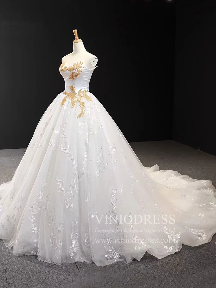 Ball Gown Strapless Wedding Dresses Gold Beaded Classy Wedding Gown VW1424