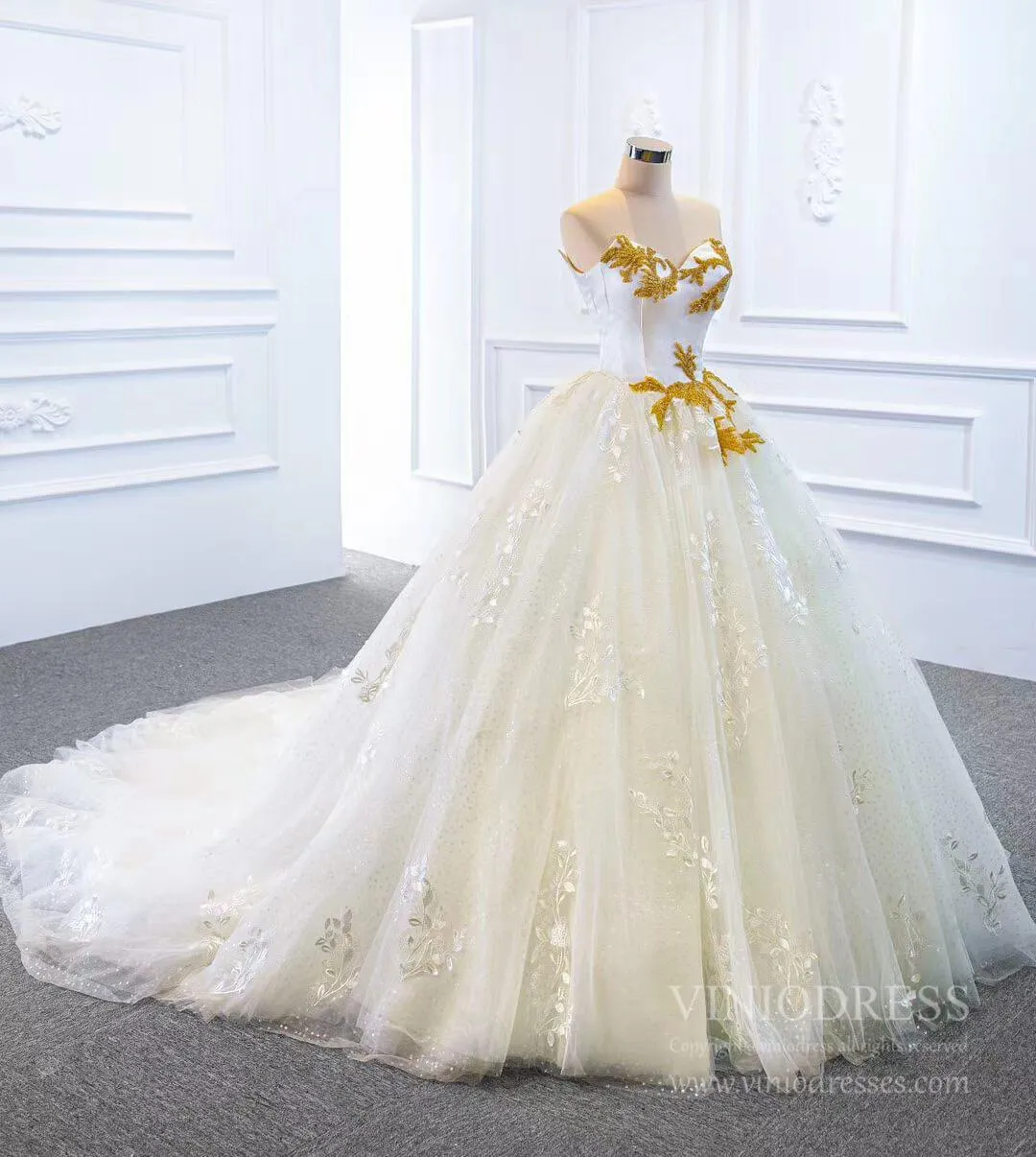 Ball Gown Strapless Wedding Dresses Gold Beaded Classy Wedding Gown VW1424