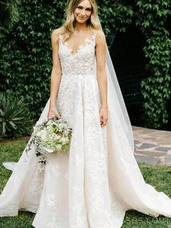 Bateau A-line Lace Cheap Long Wedding Dresses Online, Cheap Bridal Dresses, WD525