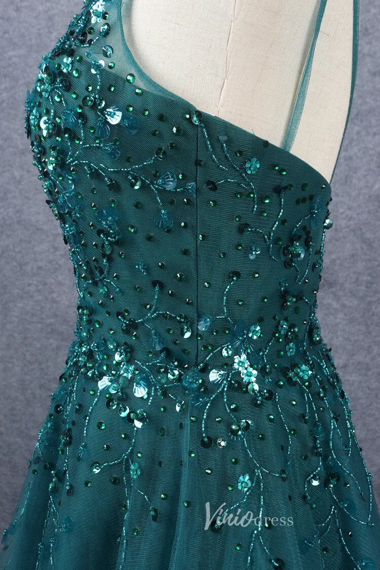 Beaded A-line Green Prom Dresses V-neck Evening Dress Spaghetti Strap 20064