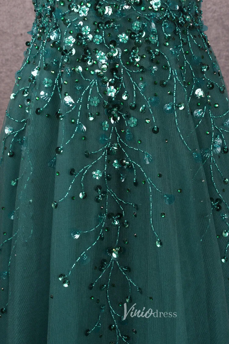 Beaded A-line Green Prom Dresses V-neck Evening Dress Spaghetti Strap 20064