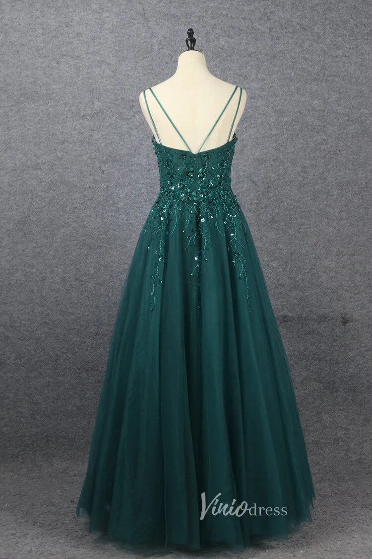 Beaded A-line Green Prom Dresses V-neck Evening Dress Spaghetti Strap 20064