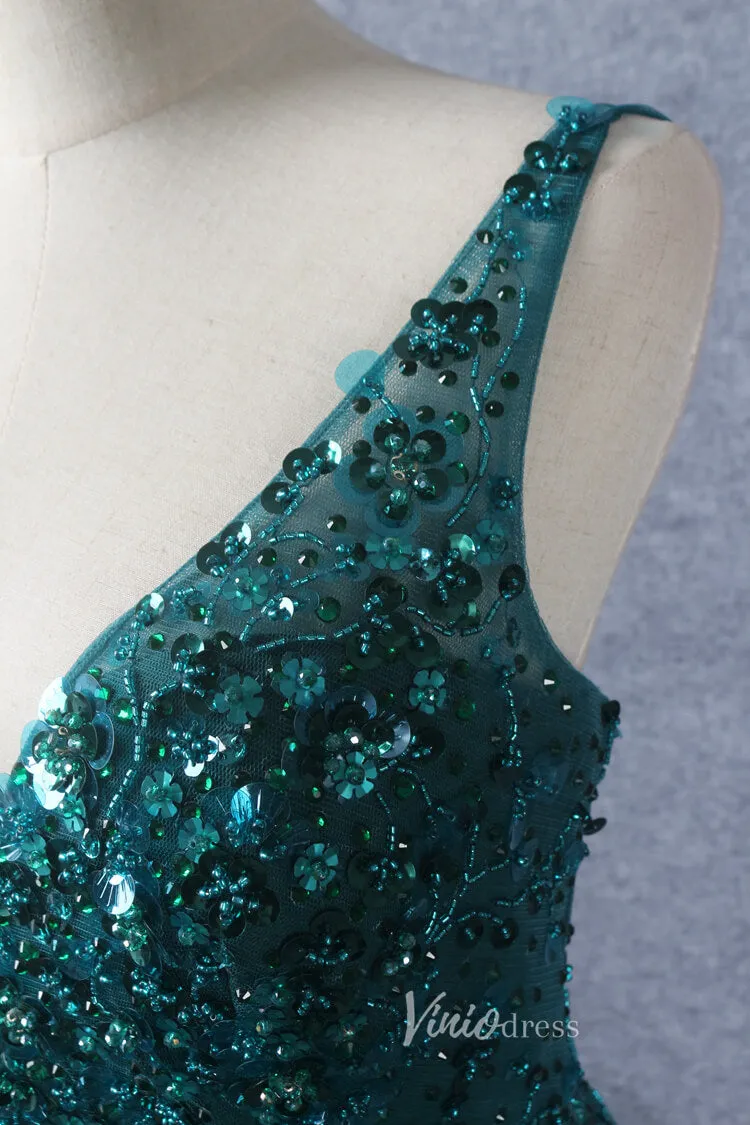 Beaded A-line Green Prom Dresses V-neck Evening Dress Spaghetti Strap 20064