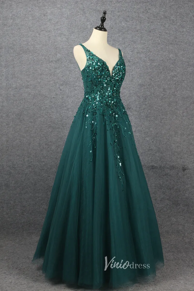 Beaded A-line Green Prom Dresses V-neck Evening Dress Spaghetti Strap 20064