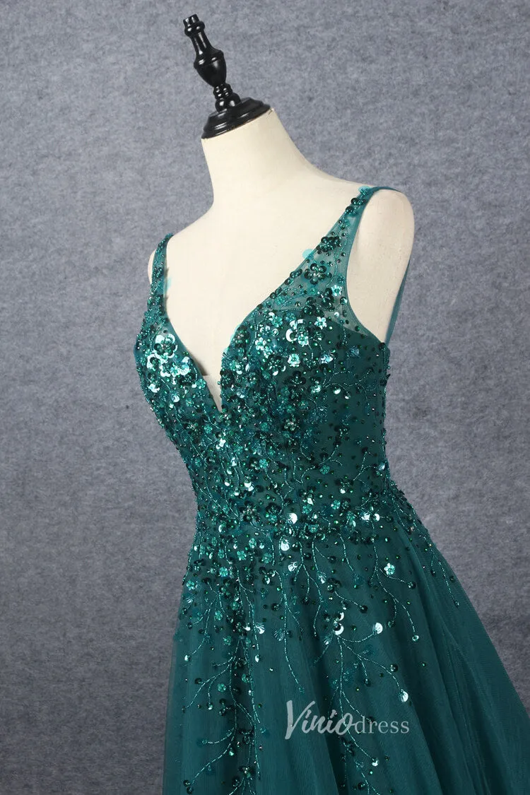 Beaded A-line Green Prom Dresses V-neck Evening Dress Spaghetti Strap 20064