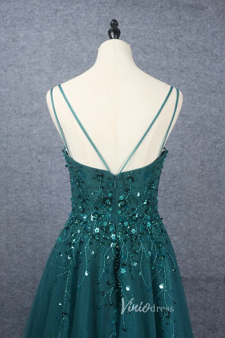 Beaded A-line Green Prom Dresses V-neck Evening Dress Spaghetti Strap 20064