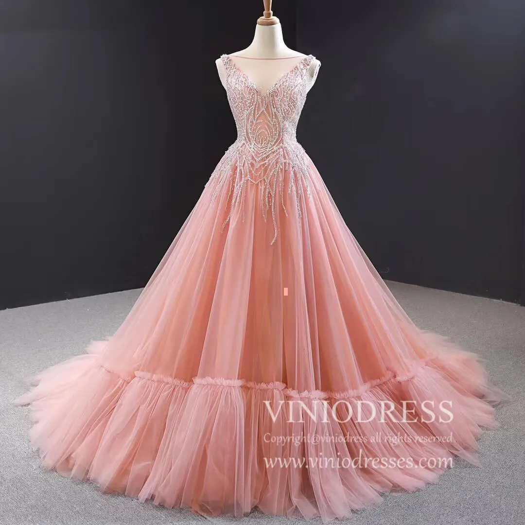 Beaded Blush Vintage Prom Dresses with Long Train 66961 viniodress