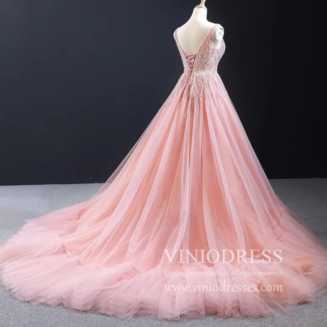 Beaded Blush Vintage Prom Dresses with Long Train 66961 viniodress