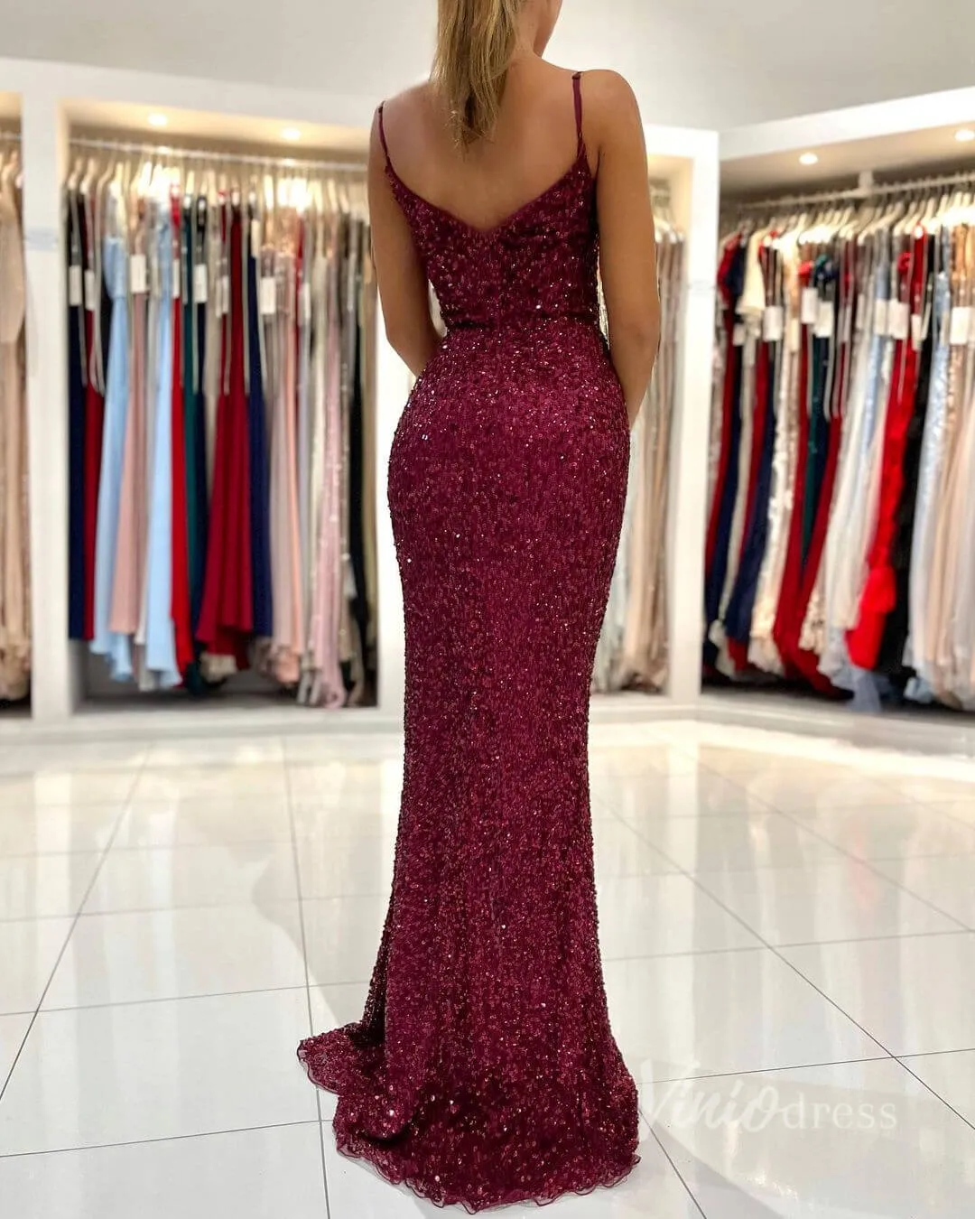 Beaded Burgundy Mermaid Prom Dress with Slit FD2842