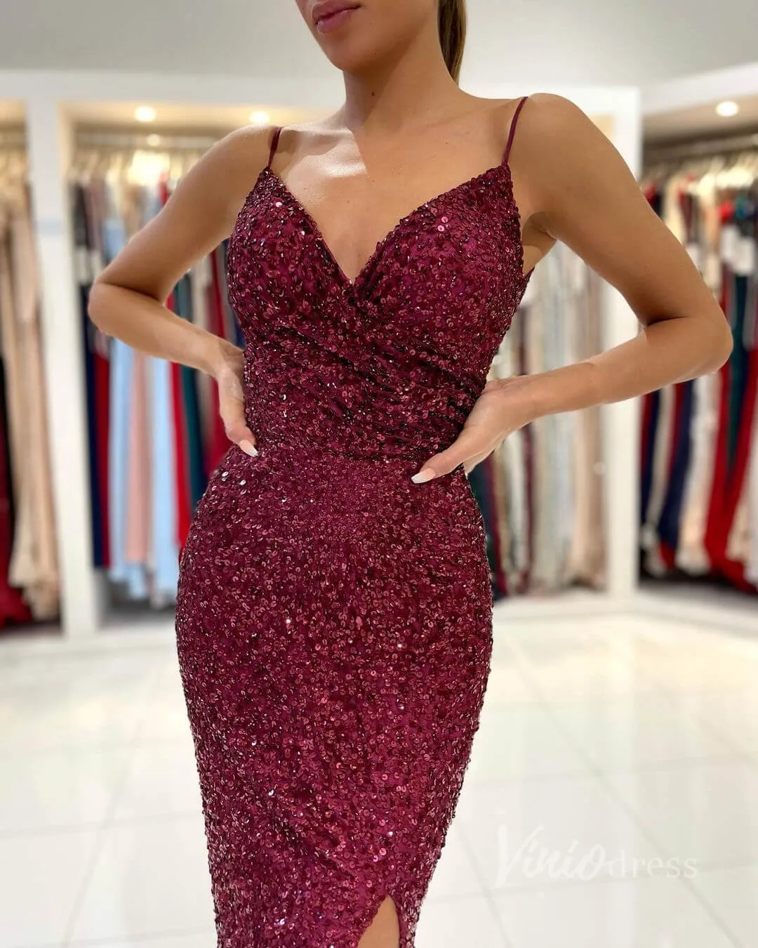 Beaded Burgundy Mermaid Prom Dress with Slit FD2842