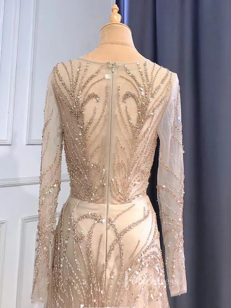 Beaded Champagne Prom Dresses Long Sleeve Evening Dress 20070