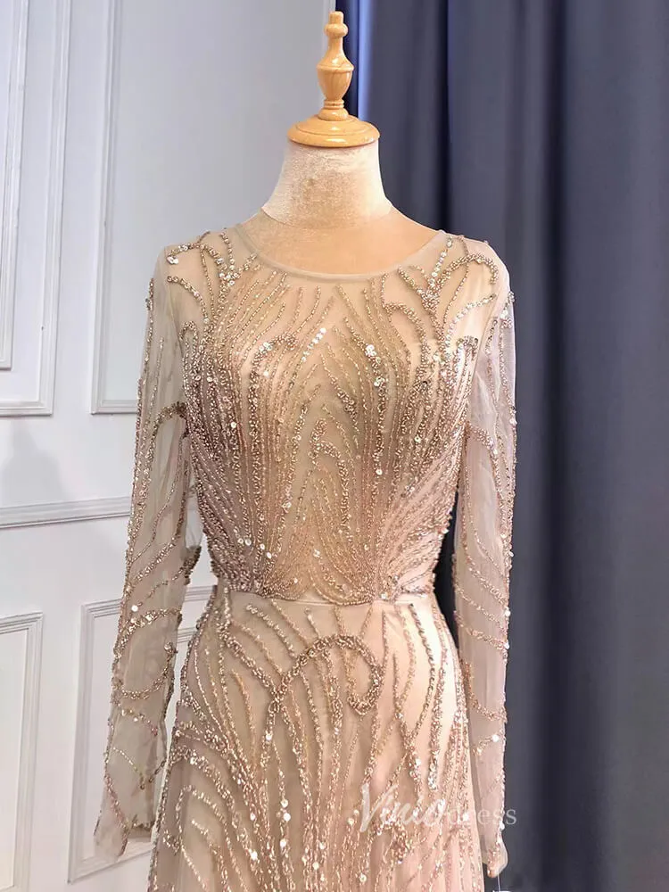 Beaded Champagne Prom Dresses Long Sleeve Evening Dress 20070