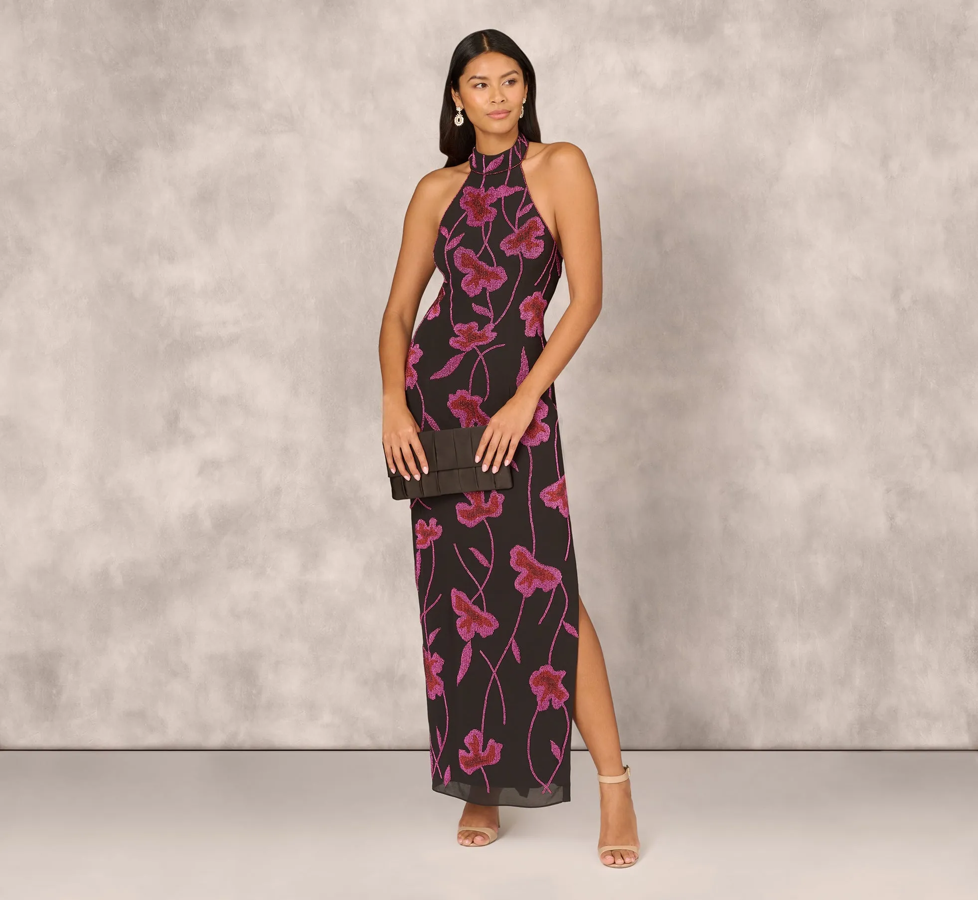 Beaded Floral Halter Column Gown With Mock Neck In Black Multi