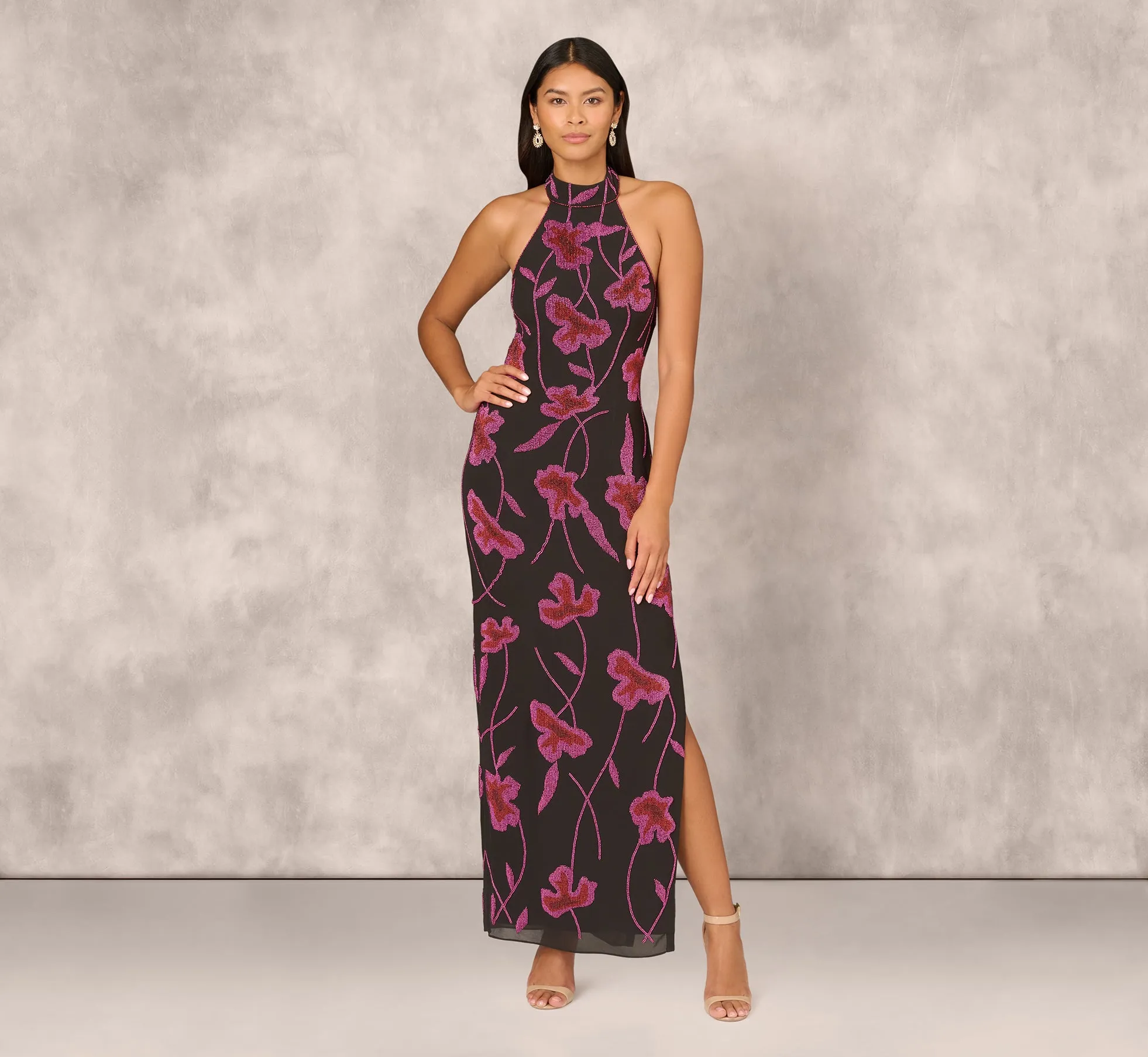 Beaded Floral Halter Column Gown With Mock Neck In Black Multi