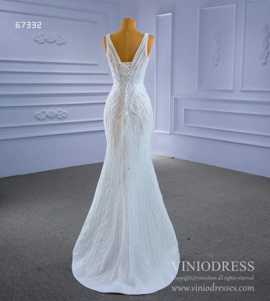 Beaded Lace Mermaid Wedding Dresses with Removable Overskirt Viniodress 67332