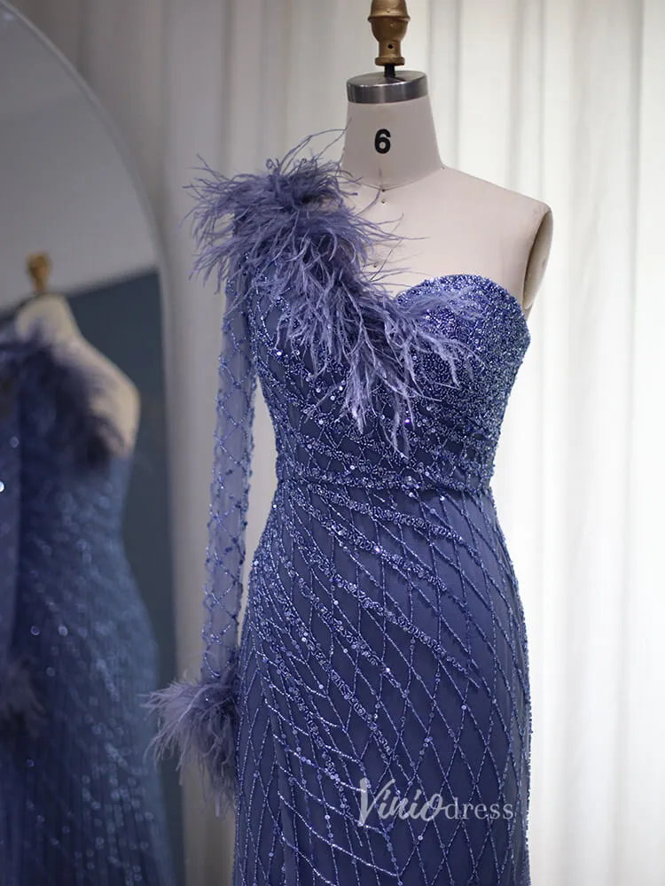 Beaded Navy Blue Prom Dresses One Shoulder Feather Long Sleeve Evening Dress 2008