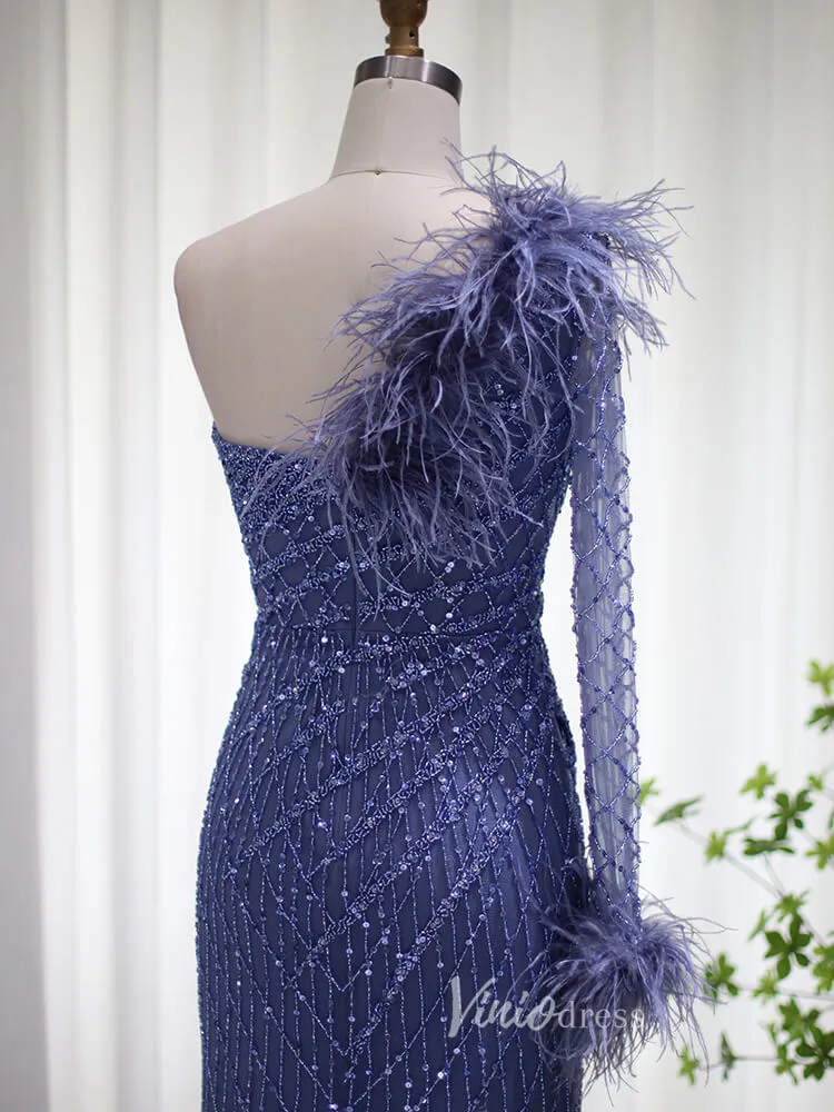 Beaded Navy Blue Prom Dresses One Shoulder Feather Long Sleeve Evening Dress 2008