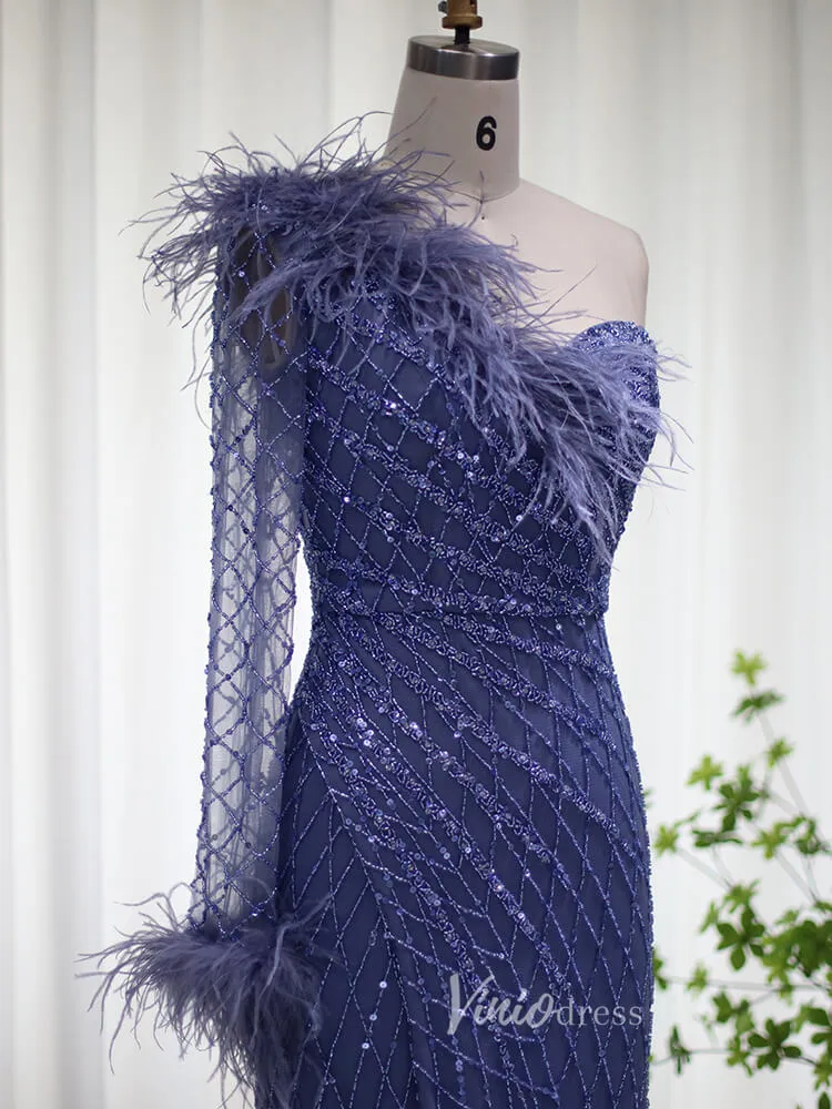 Beaded Navy Blue Prom Dresses One Shoulder Feather Long Sleeve Evening Dress 2008