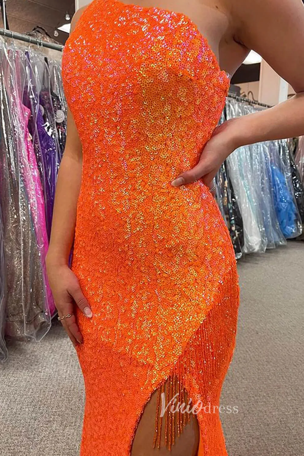 Beaded One Shoulder Sequin Prom Dresses with Slit Orange Mermaid Evening Dress FD3508