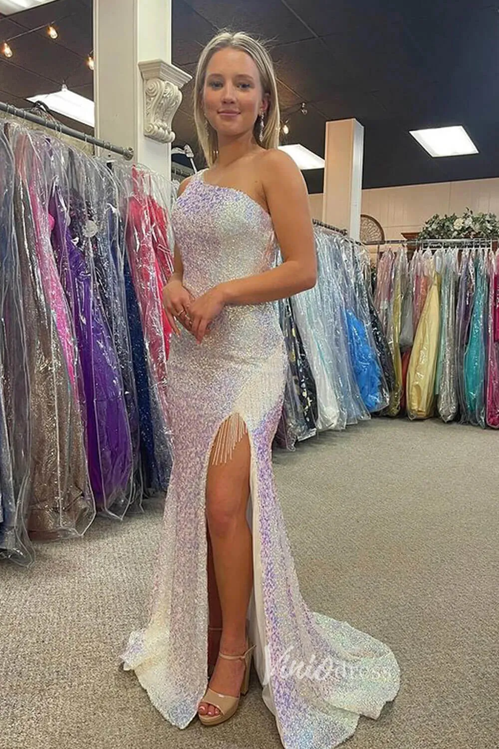 Beaded One Shoulder Sequin Prom Dresses with Slit Orange Mermaid Evening Dress FD3508