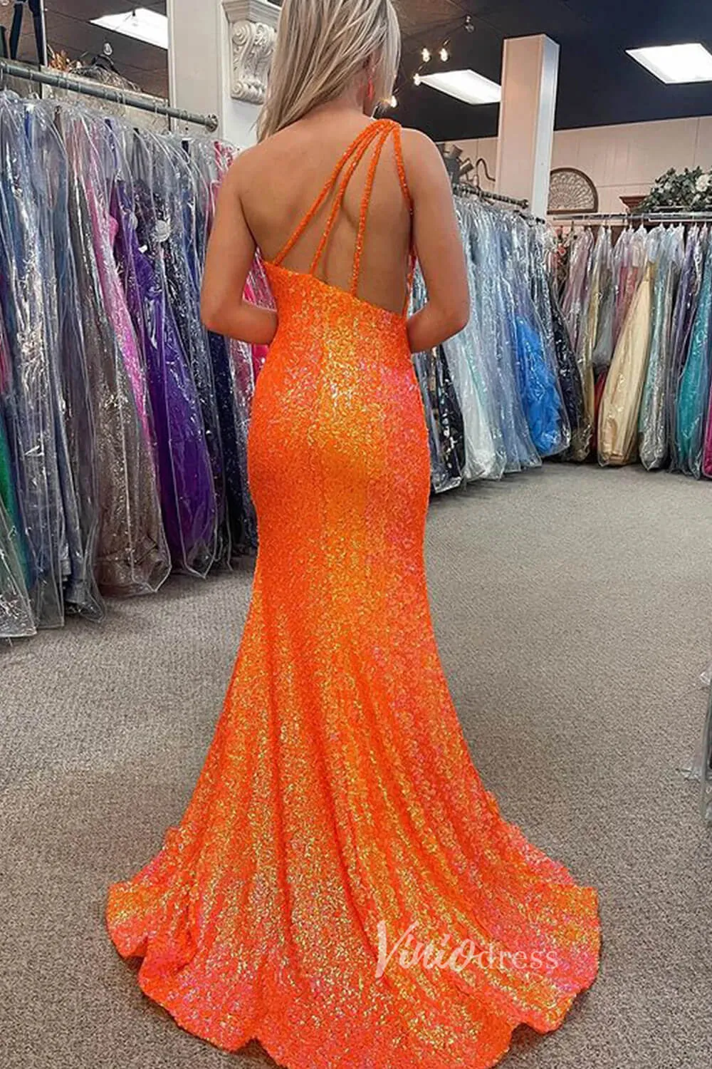 Beaded One Shoulder Sequin Prom Dresses with Slit Orange Mermaid Evening Dress FD3508