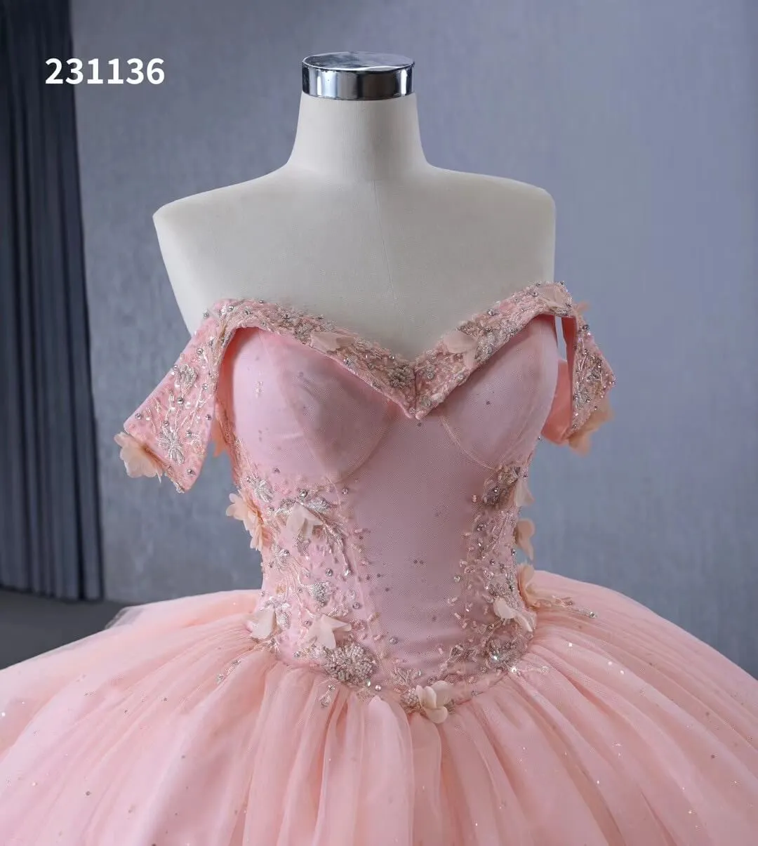 Beaded Pink Floral Ball Gown Wedding Dress,Quinceanera Sweet 16 Dresses 231136