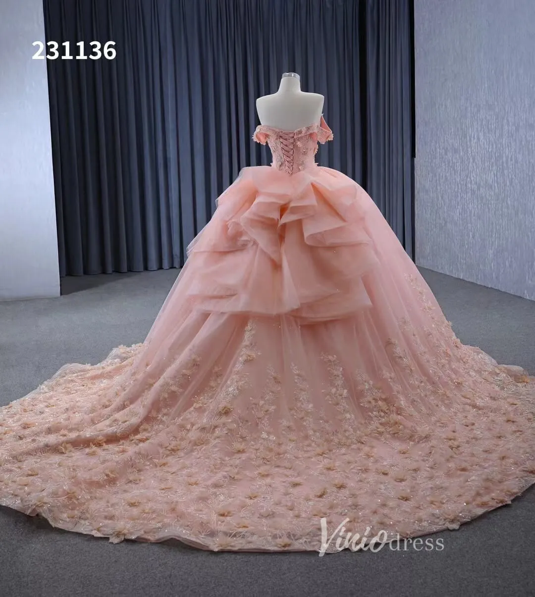 Beaded Pink Floral Ball Gown Wedding Dress,Quinceanera Sweet 16 Dresses 231136