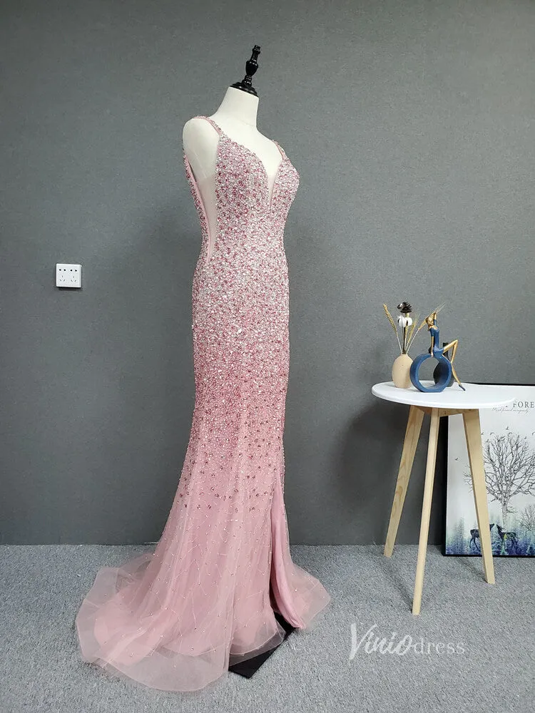 Beaded Pink Sheath Prom Dress with Slit V-neck Long Evening Dress FD2785