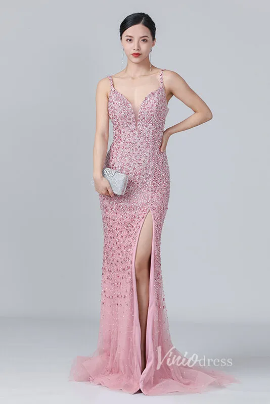 Beaded Pink Sheath Prom Dress with Slit V-neck Long Evening Dress FD2785