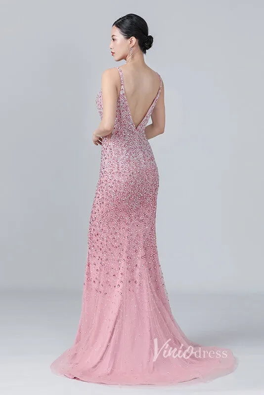 Beaded Pink Sheath Prom Dress with Slit V-neck Long Evening Dress FD2785