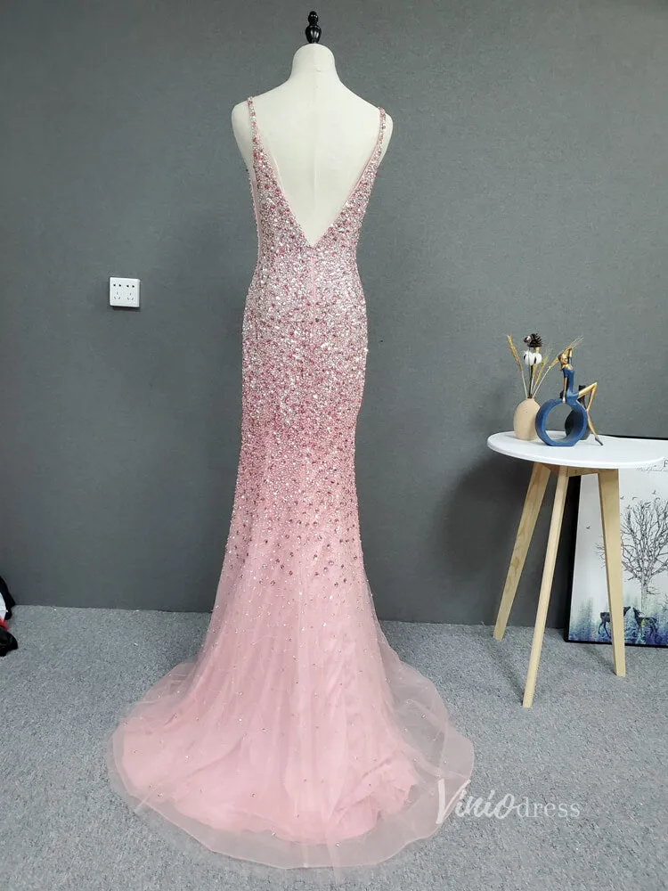 Beaded Pink Sheath Prom Dress with Slit V-neck Long Evening Dress FD2785