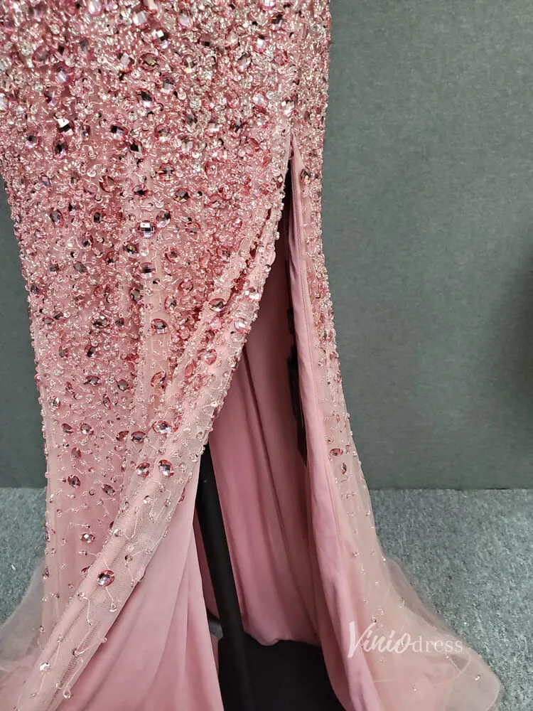 Beaded Pink Sheath Prom Dress with Slit V-neck Long Evening Dress FD2785