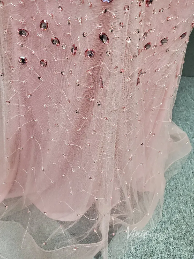 Beaded Pink Sheath Prom Dress with Slit V-neck Long Evening Dress FD2785