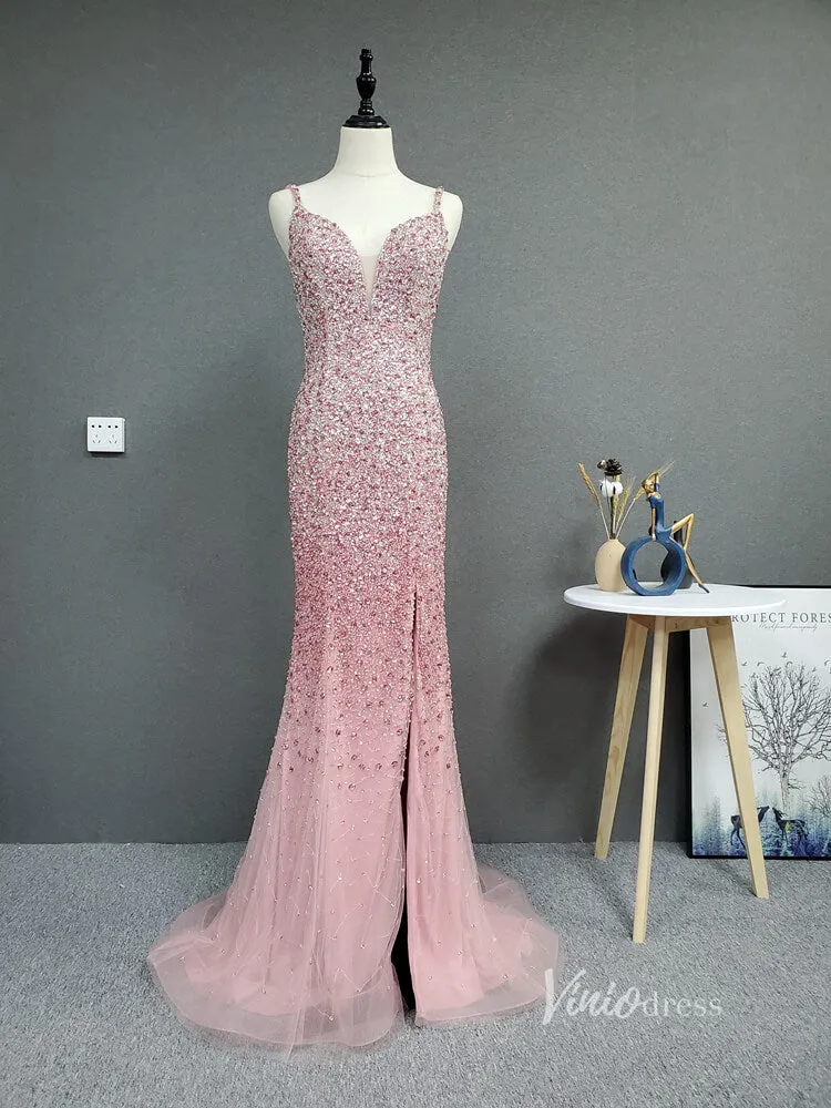 Beaded Pink Sheath Prom Dress with Slit V-neck Long Evening Dress FD2785