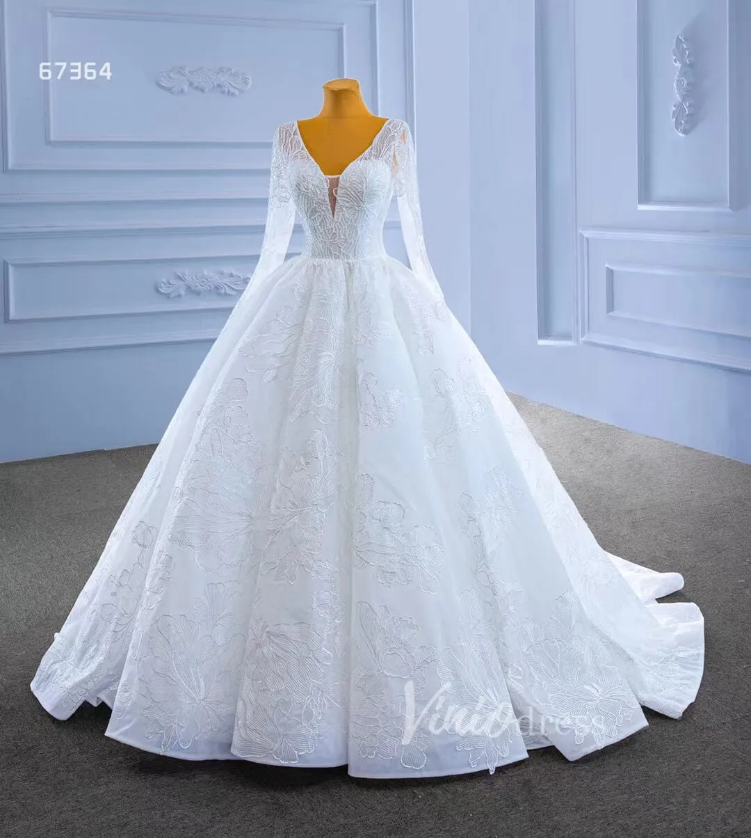 Beaded V-neck Ball Gown Wedding Dress with Sleeves 67364