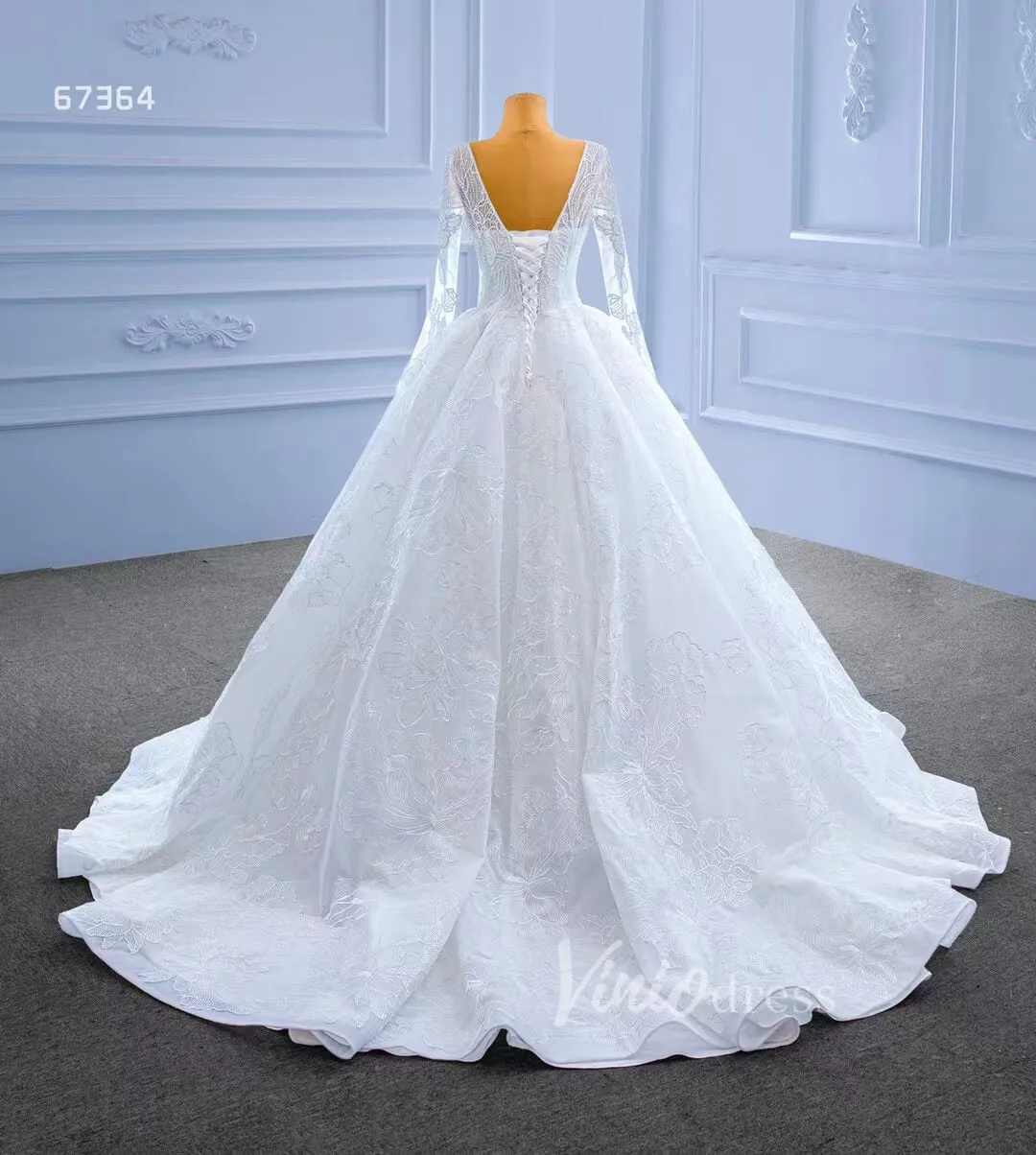 Beaded V-neck Ball Gown Wedding Dress with Sleeves 67364