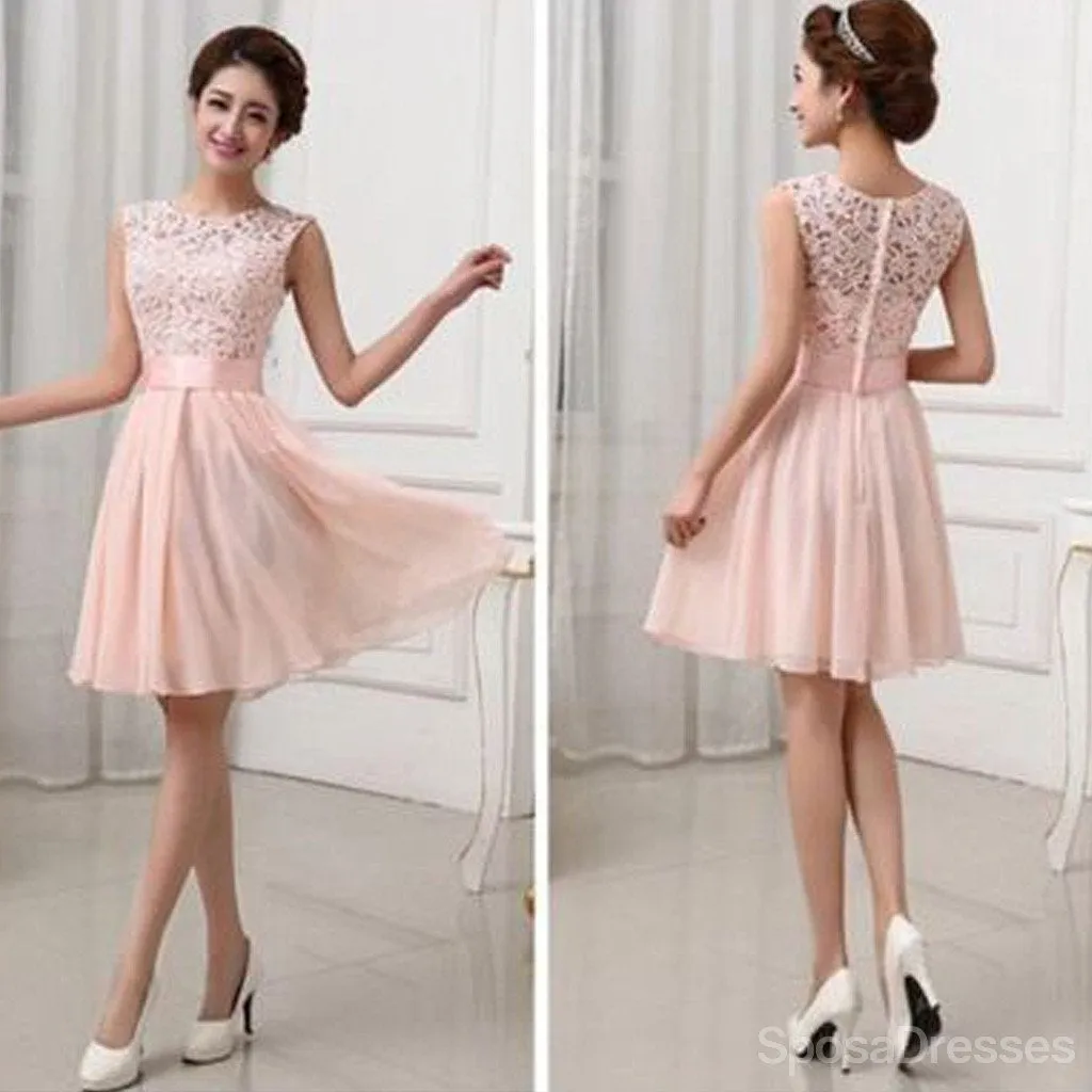 Beautiful Junior Blush Pink Lace Top Small Round Neck Bridesmaid Dresses, WG154