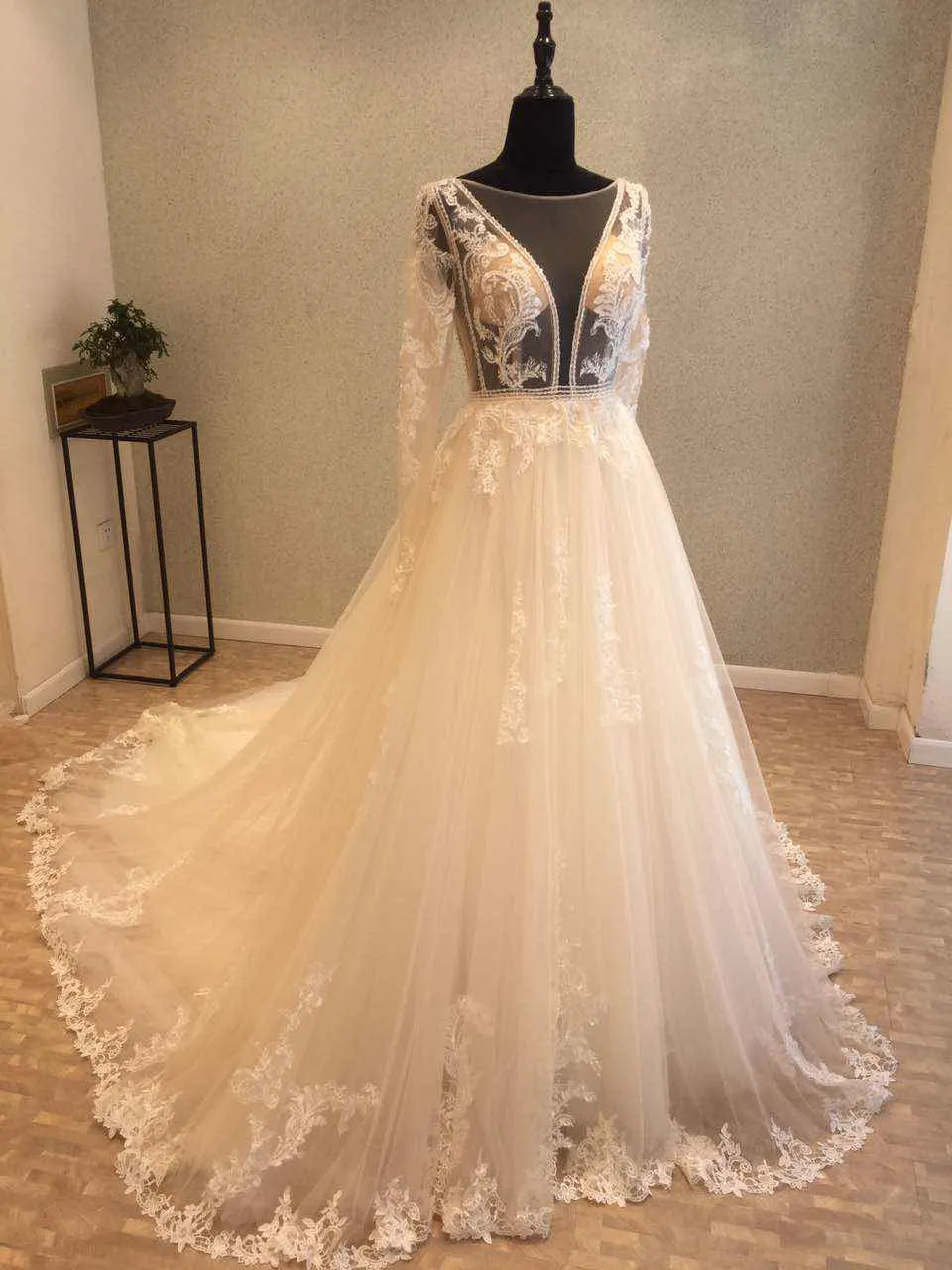 Beautiful Long Sleeves V Back Tulle Applique Affordable Long Wedding Dress, WG1204