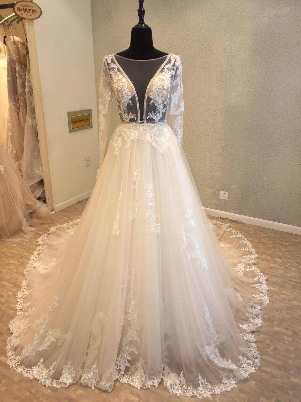 Beautiful Long Sleeves V Back Tulle Applique Affordable Long Wedding Dress, WG1204