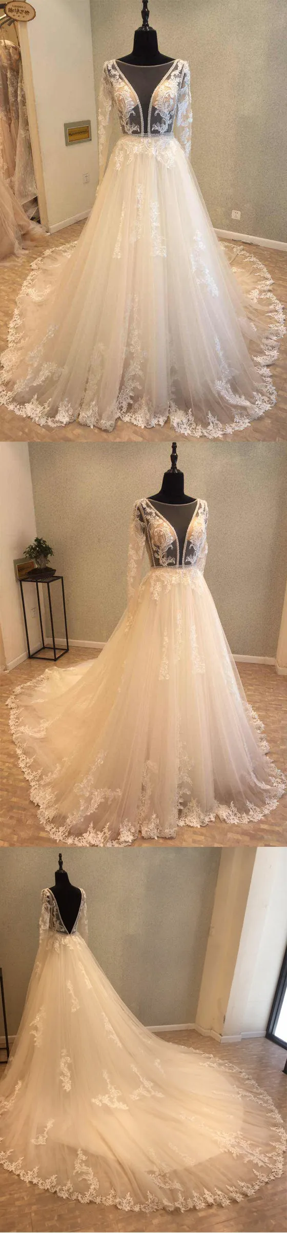 Beautiful Long Sleeves V Back Tulle Applique Affordable Long Wedding Dress, WG1204