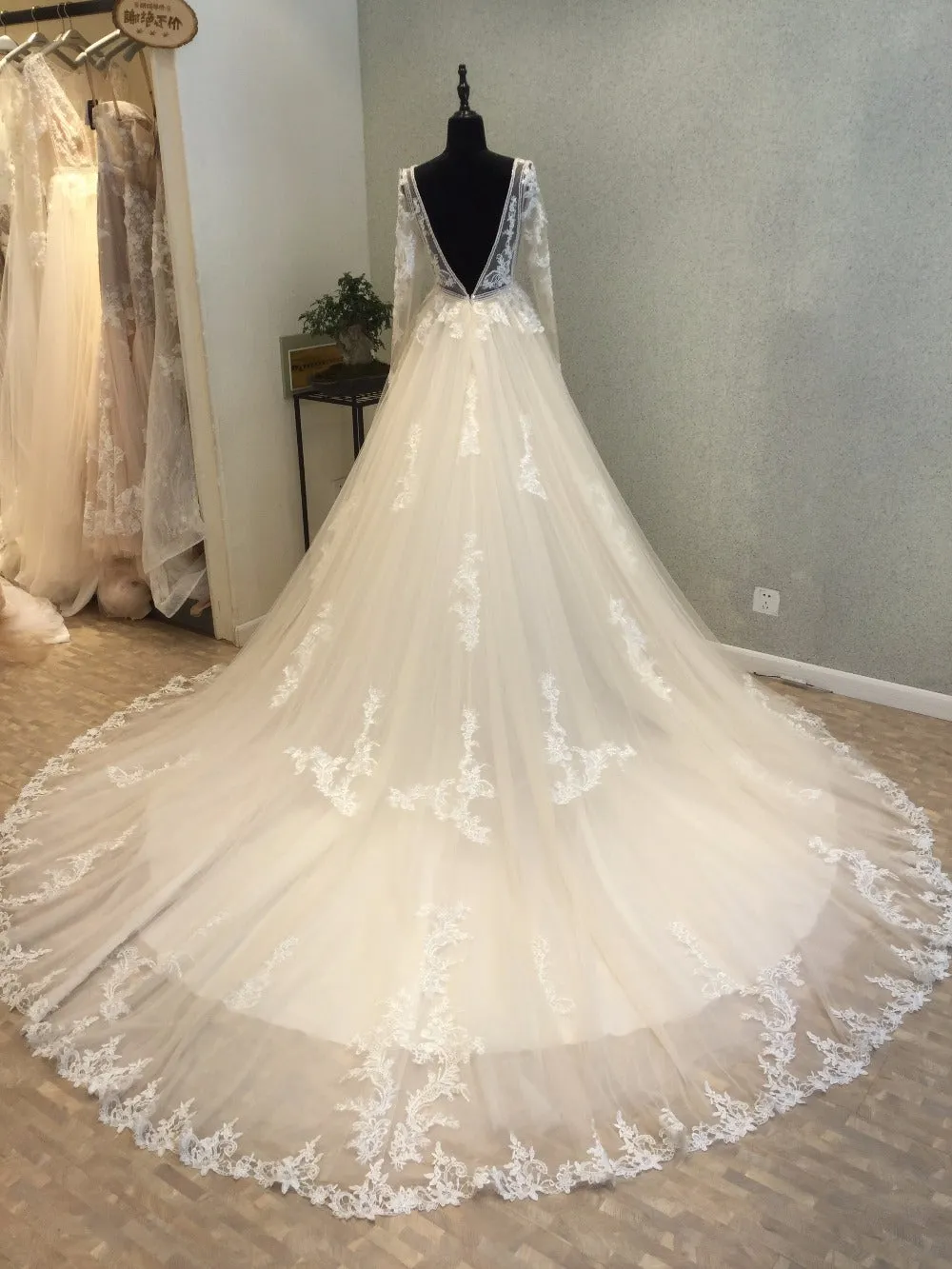 Beautiful Long Sleeves V Back Tulle Applique Affordable Long Wedding Dress, WG1204