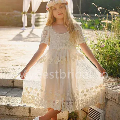 Beautiful Short sleeves Tulle A Line Flower Girl Dresses, FGS0031