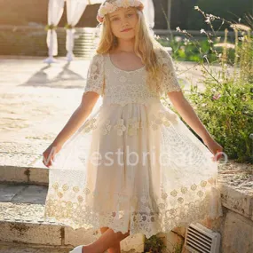 Beautiful Short sleeves Tulle A Line Flower Girl Dresses, FGS0031