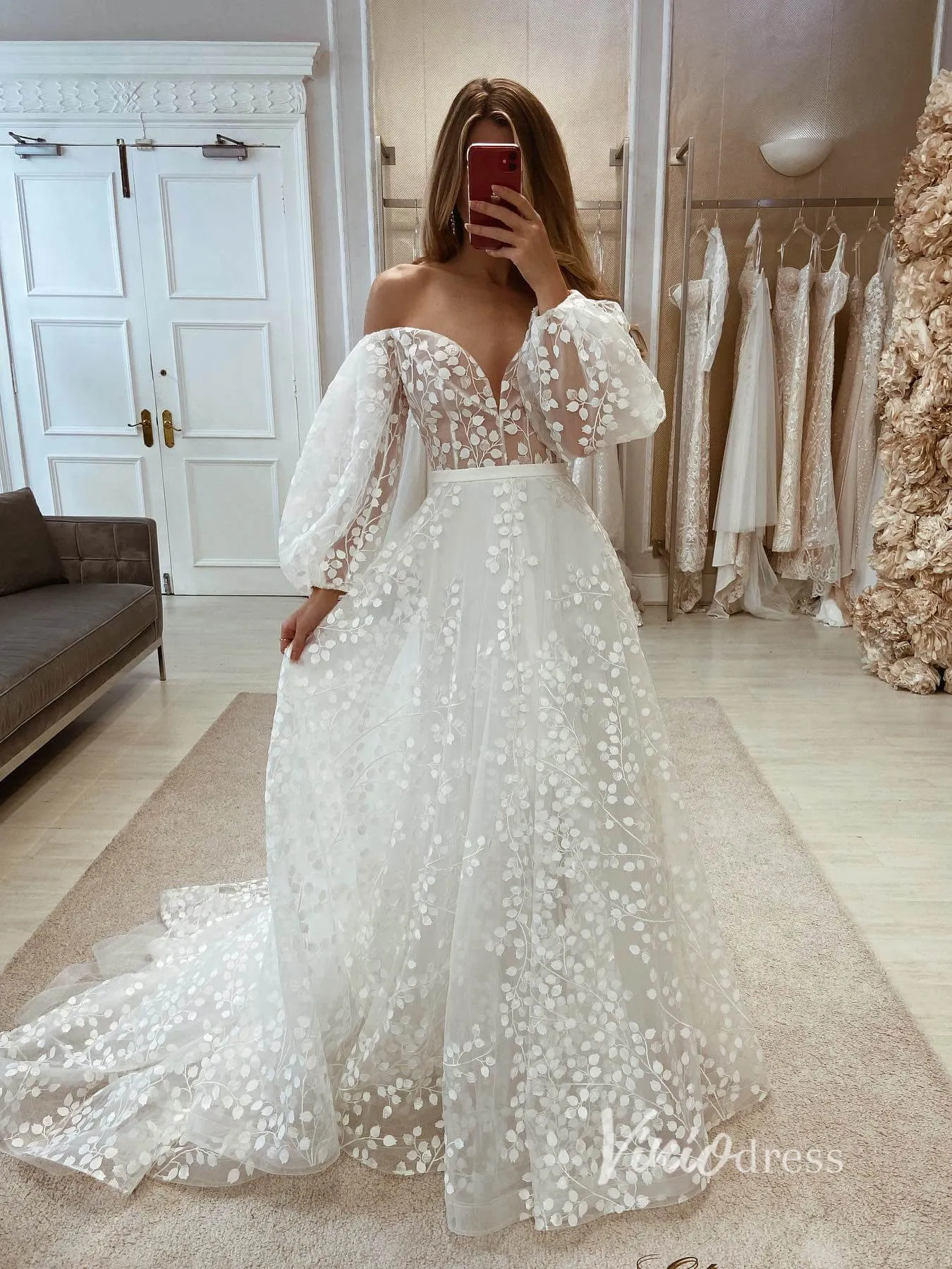 Bell Orchid Lace Wedding Dresses Off the Shoulder Long Sleeve Bridal Gown VW2132