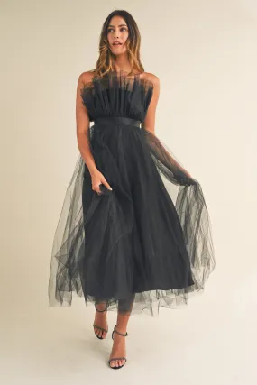 Belted Voluminous Tulle Midi Dress