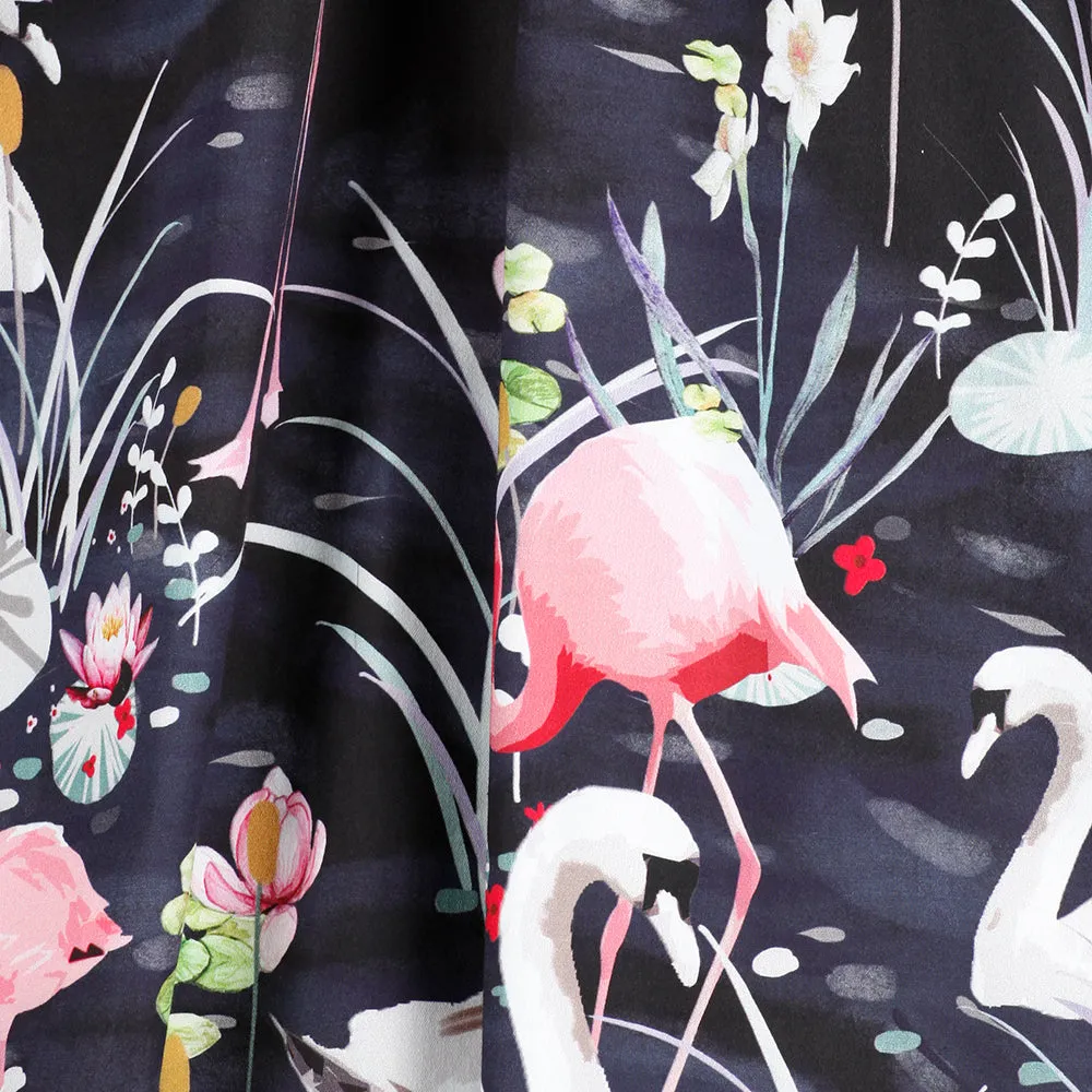 Black 3/4 Sleeve Swan and Flamingo Print 50s Swing Tea Dress