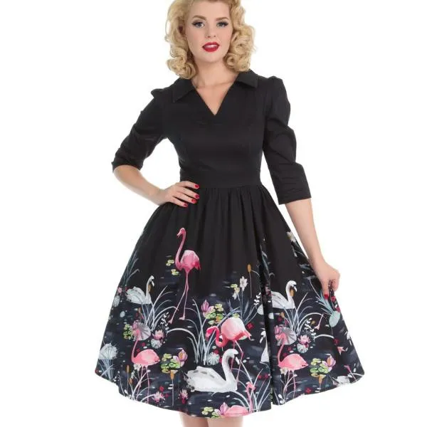 Black 3/4 Sleeve Swan and Flamingo Print 50s Swing Tea Dress